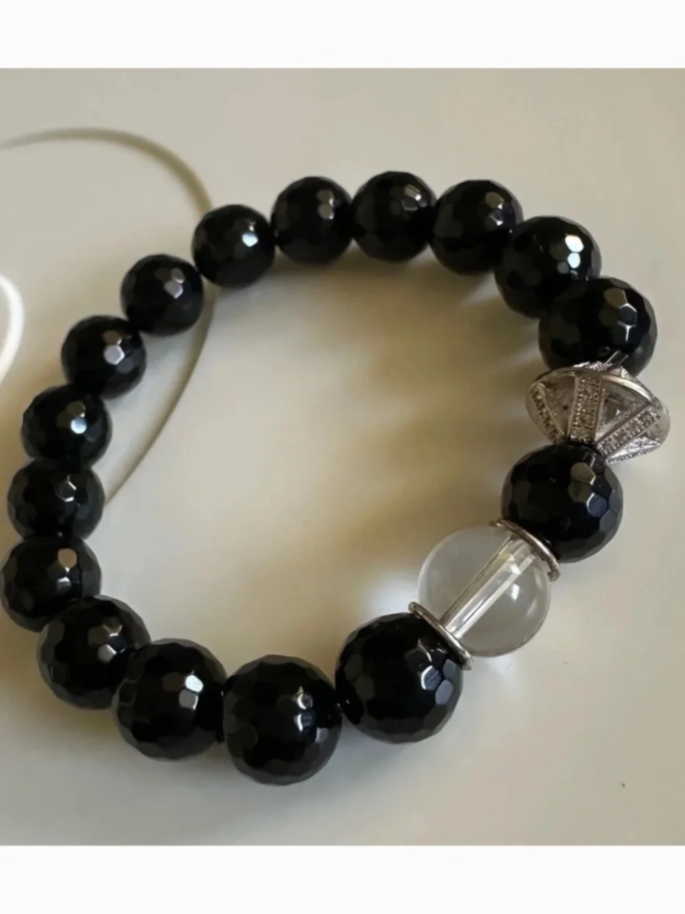 10mm Black Onyx Stretch Bracelet Silver Clear Quartz Pave Spacer